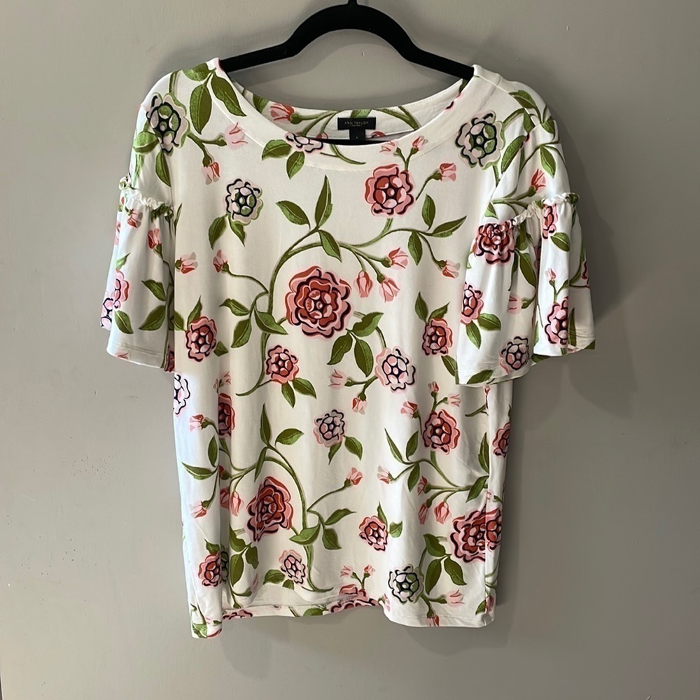Ann Taylor Factory Flounce Sleeve Unique Floral Shirt